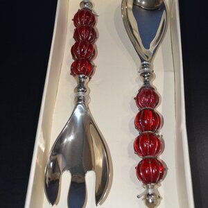 Nickel Plated Salad Server Set, Ornate Ruby Red Handles - New